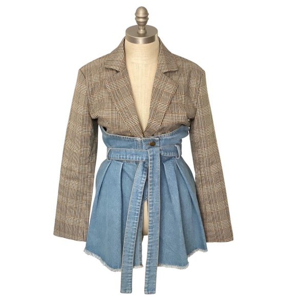 Denim Peplum Mix Media Plaid Long Sleeve Blazer - Picture 3 of 7